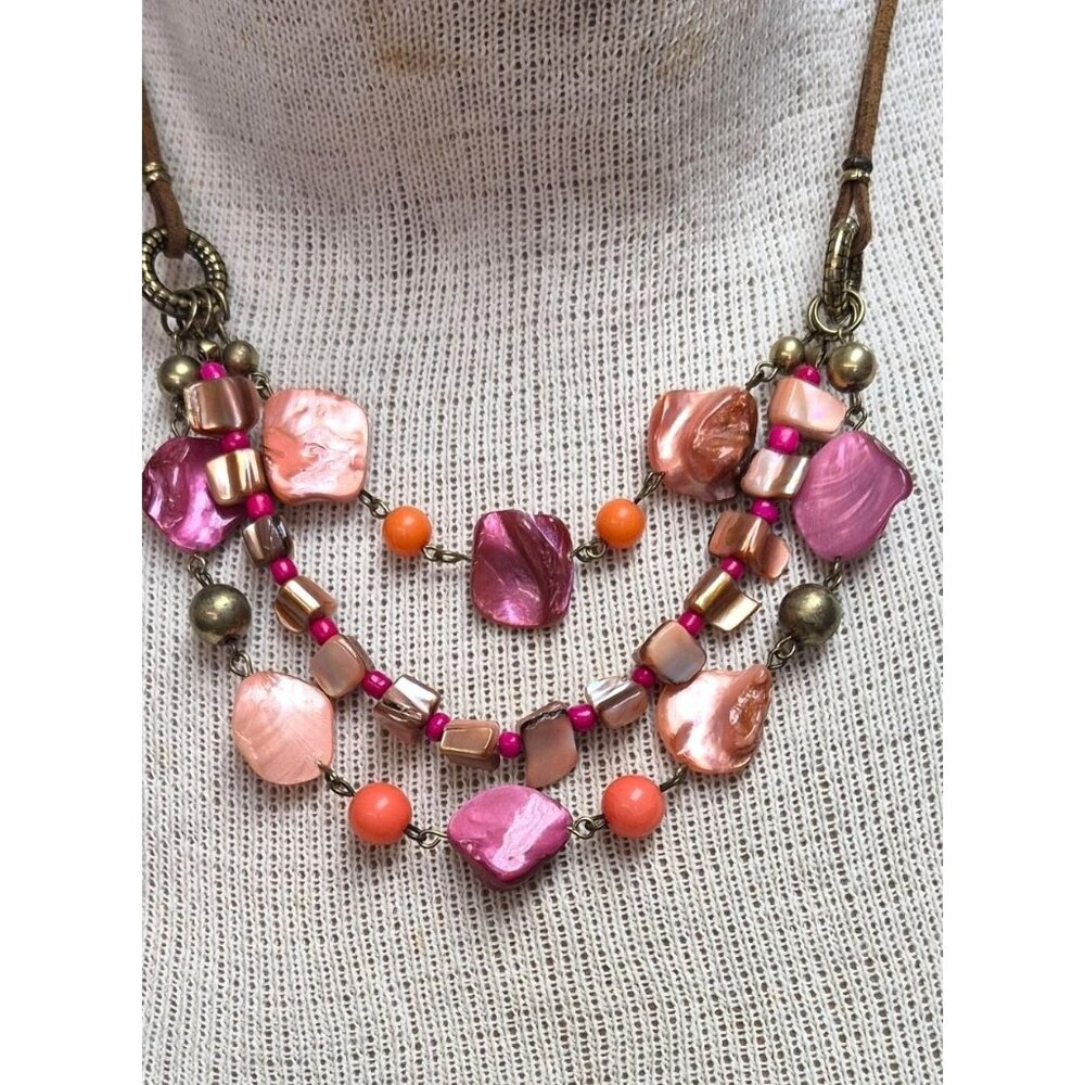 Vintage Mid‑Century Multi‑Strand Beaded Necklace Pink Peach Purple Boho Jewelry.